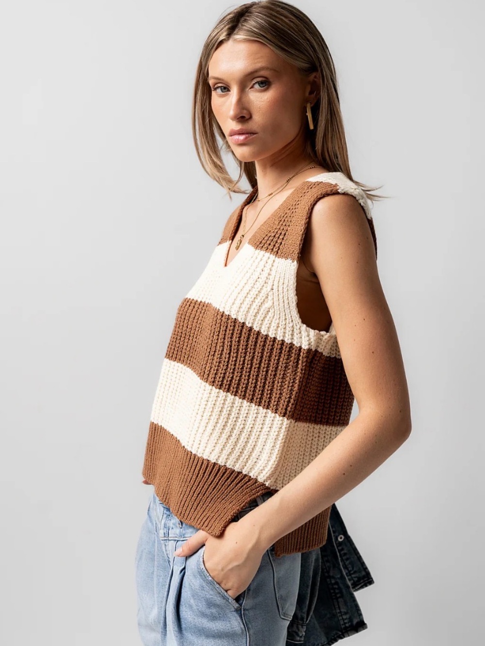 Striped Knit V‑Neck Sweater Vest in Brown and Cream